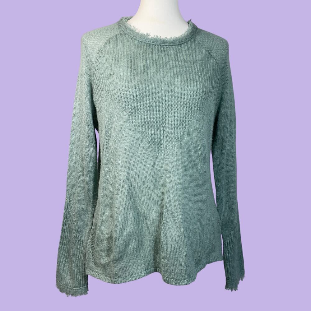 Lucky Brand wool blend lightweight blue green fringe sweater medium - Picture 4 of 12